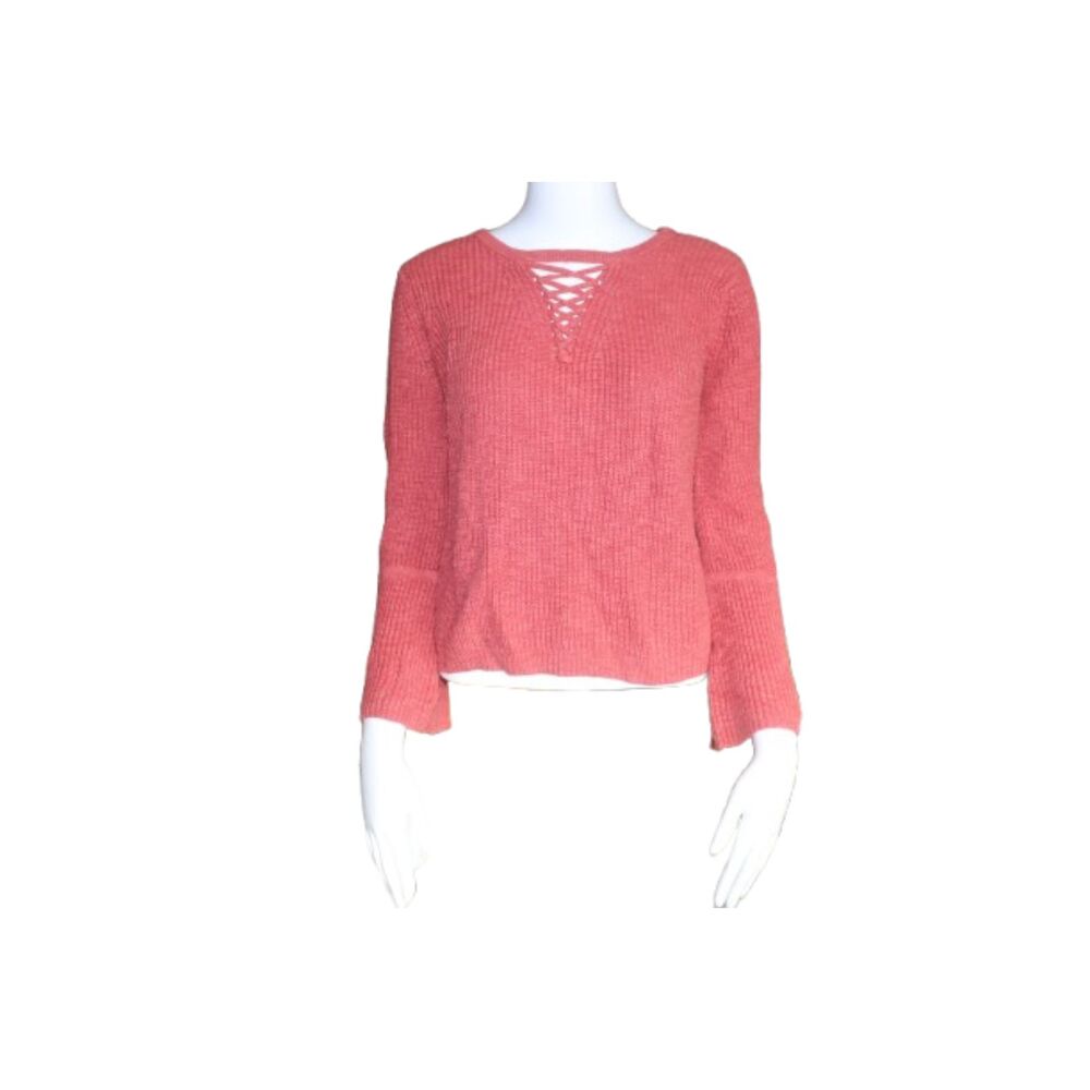 Lucky Brand Dark Pink Crop Sweater Shoe Lace Round Neck Size Small